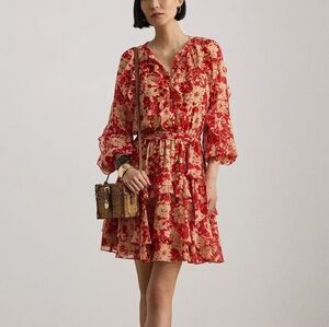 Lauren Ralph Lauren Women's Print Ruffle Trim Band Collar Tiered Dress